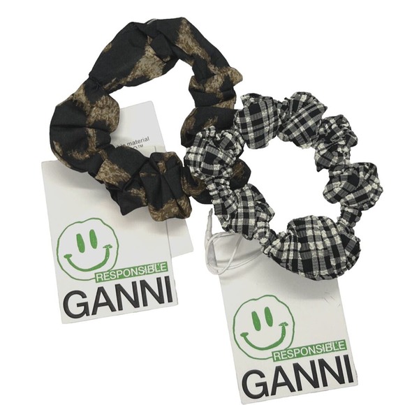 Ganni Accessories - Ganni set 2 Scrunchie - Voile & Seersucker Leopard Brown & Checkered Black